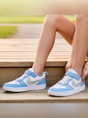 Big Kids NIKE COURT 2.5 Blue White Sneakers Bling Swoosh Logo Crystals